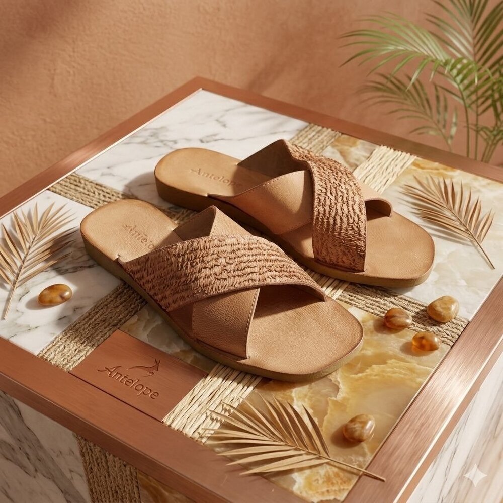 Antelope Yasmine Tan Crossband Leather Slider Sandals Textured Ruched Strap 37EU